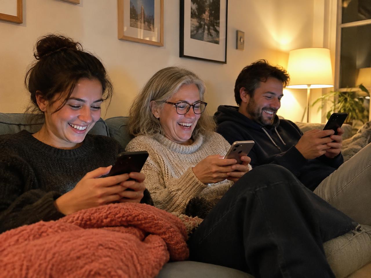 Drei Freunde lachen gemeinsam über Nachrichten auf ihren Handys