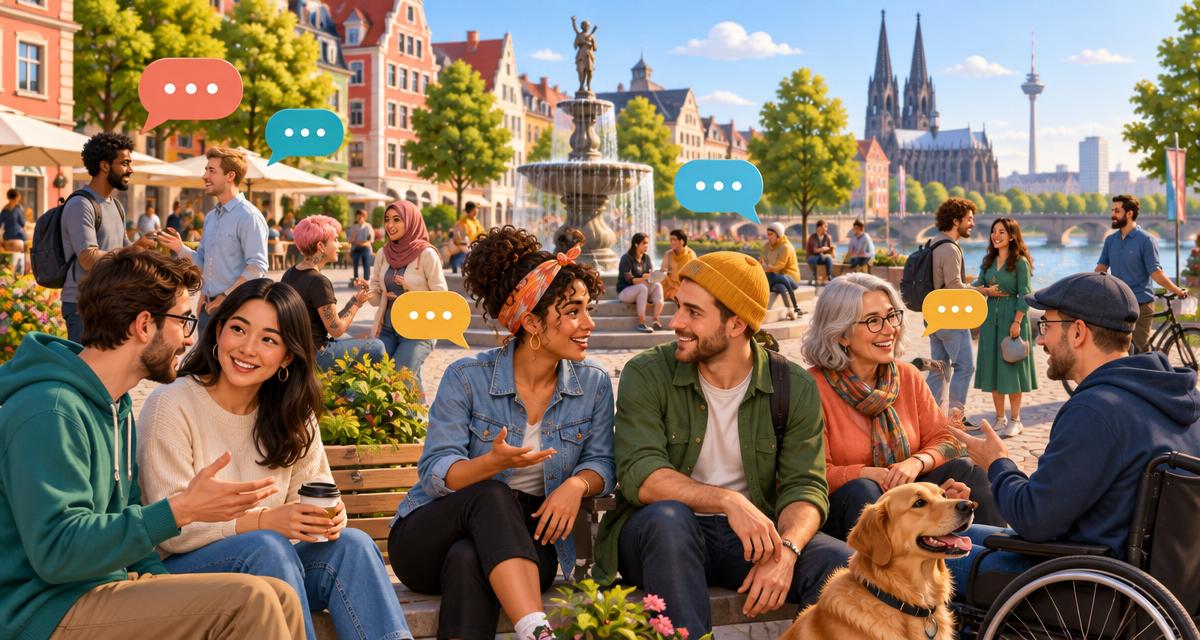 Menschen unterhalten sich auf einem sonnigen digitalen Stadtplatz.