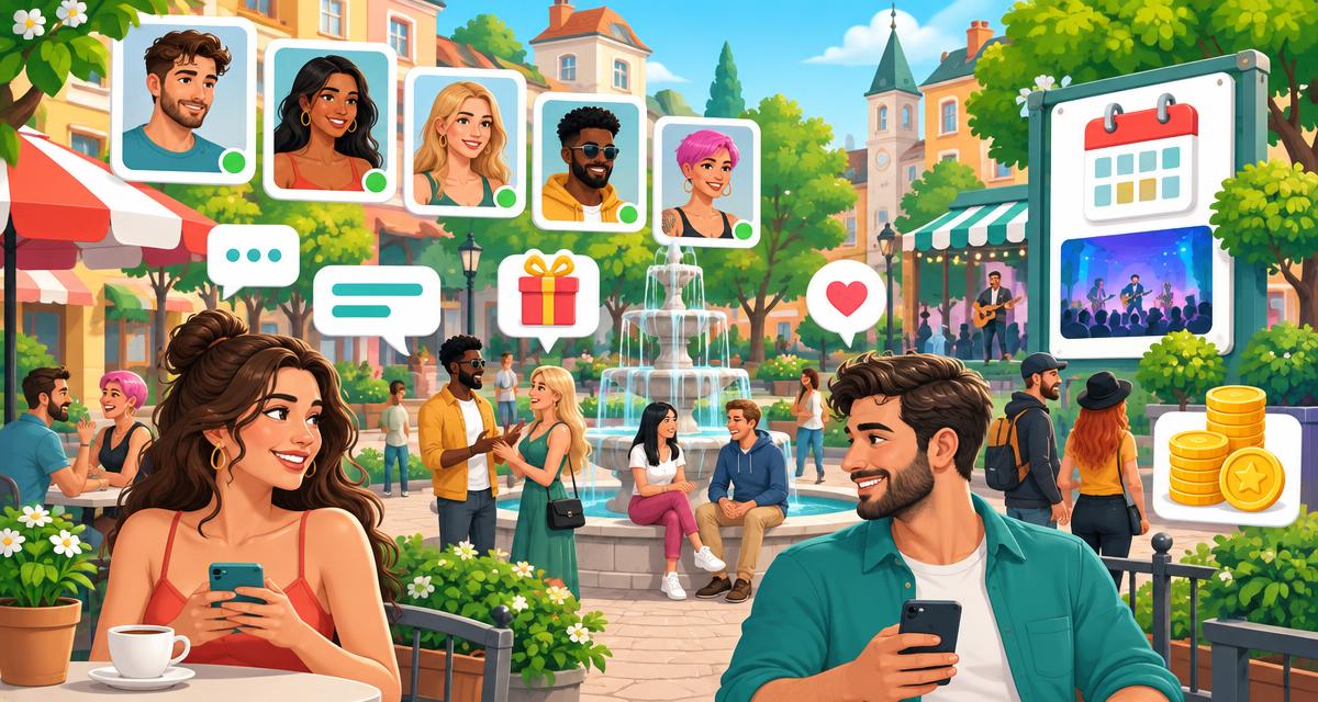 Profile, Nachrichten, Geschenke und Stadtveranstaltungen beleben einen virtuellen Stadtplatz.