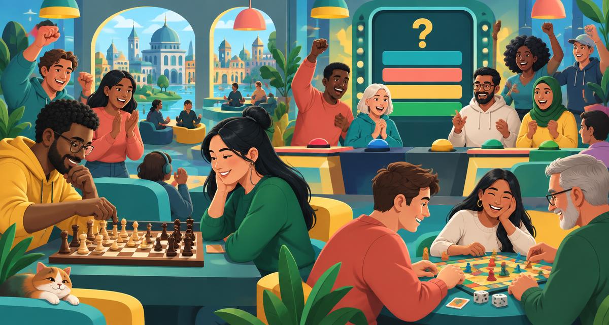 Menschen spielen gemeinsam Schach, Quiz und Brettspiele in einer lebhaften Spielhalle.