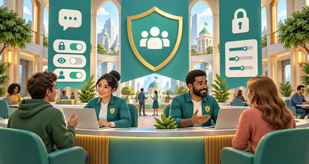 Moderatoren beraten Menschen in einem hellen digitalen Bürgerbüro zu Sicherheit und Privatsphäre.