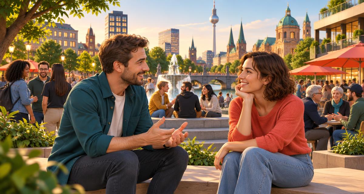 Zwei erwachsene Singles führen auf einem belebten Stadtplatz ein freundliches Gespräch.